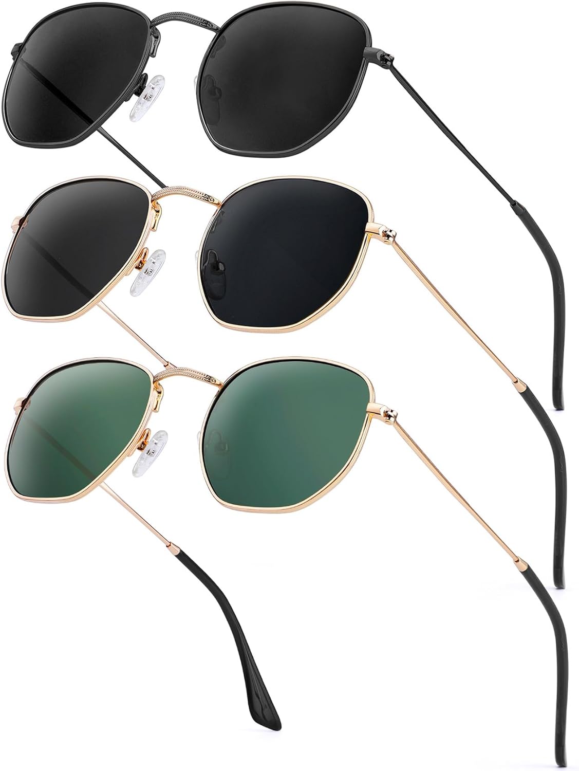 

Солнцезащитные очки KALIYADI для женщин и мужчин, поляризованные, квадратная форма, защита от УФ-излучения, модная шестиугольная металлическая оправа, C1 (3 Pack) Black/Grey + Gold/Grey + Gold/G15 (Hexagonal)