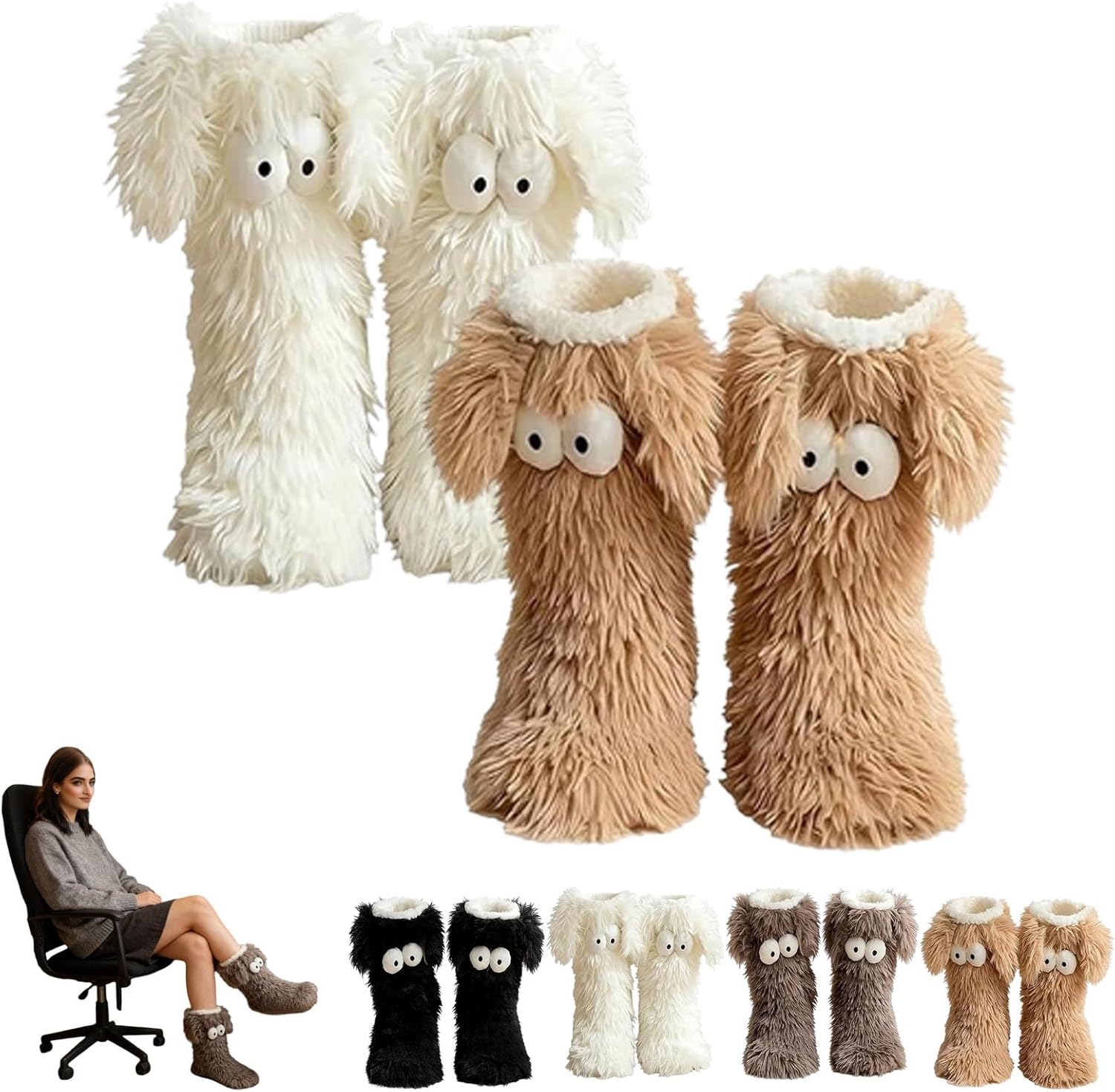 

Уютные носки, женские зимние теплые пушистые нескользящие носки-тапочки с ушками, милые объемные с большими глазами, из толстого флиса Generic, Set5