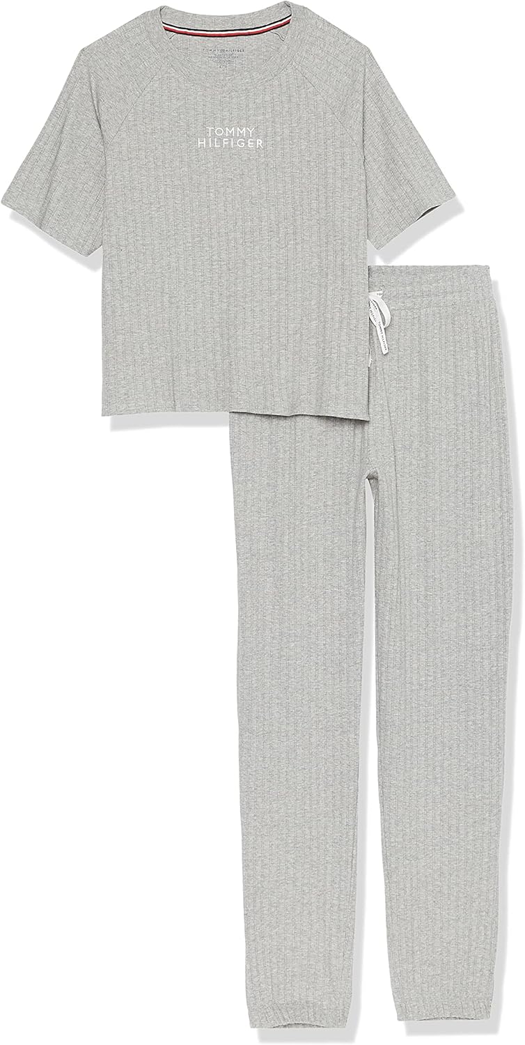 

Женская пижамная футболка в рубчик Tommy Hilfiger с завязкой-логотипом и брюками-джоггерами, Heather Grey