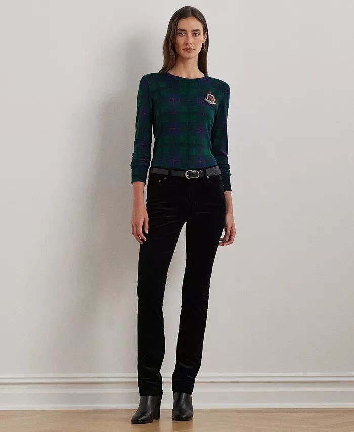 

Женский клетчатый свитер с бисером и гербом и суперэластичные прямые джинсы Premier Lauren Ralph Lauren, зеленый
