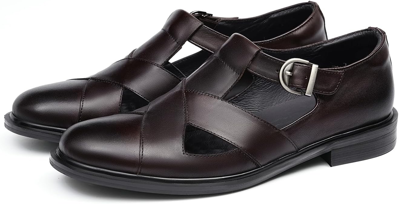 

Мужские кожаные сандалии Santimon - повседневные туфли-лоферы для бизнеса и летней моды, Дышащий дизайн с пряжкой, Удобная и стильная мужская обувь, Coffee