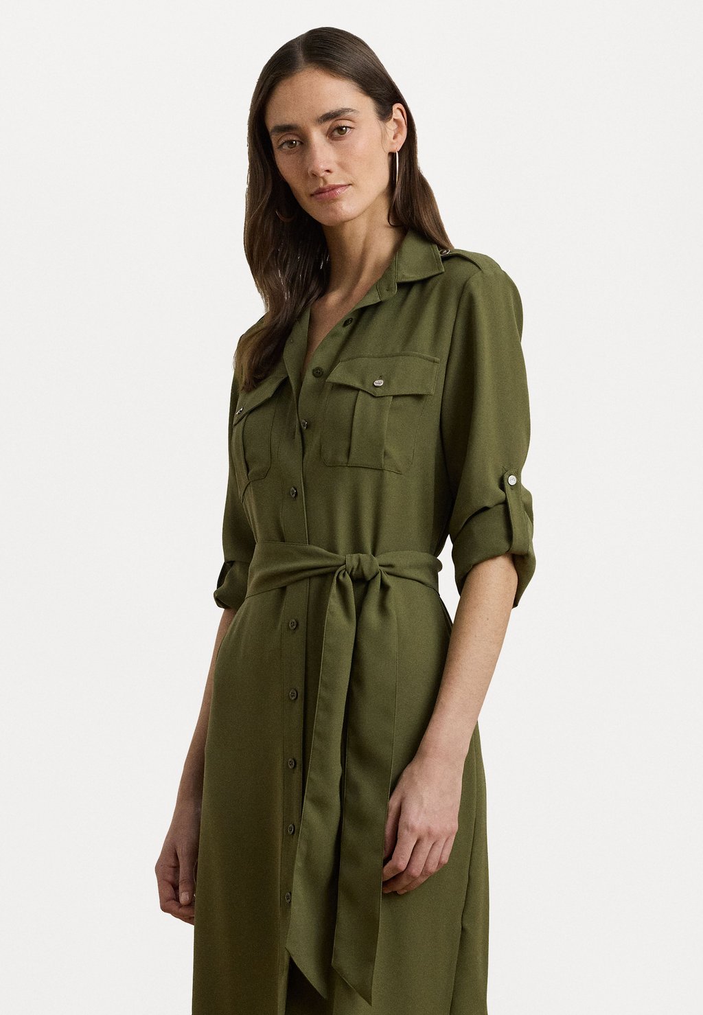 

Платье-рубашка BELTED DOUBLE FACED GEORGETTE SHIRTDRESS Lauren Ralph Lauren, оливковый