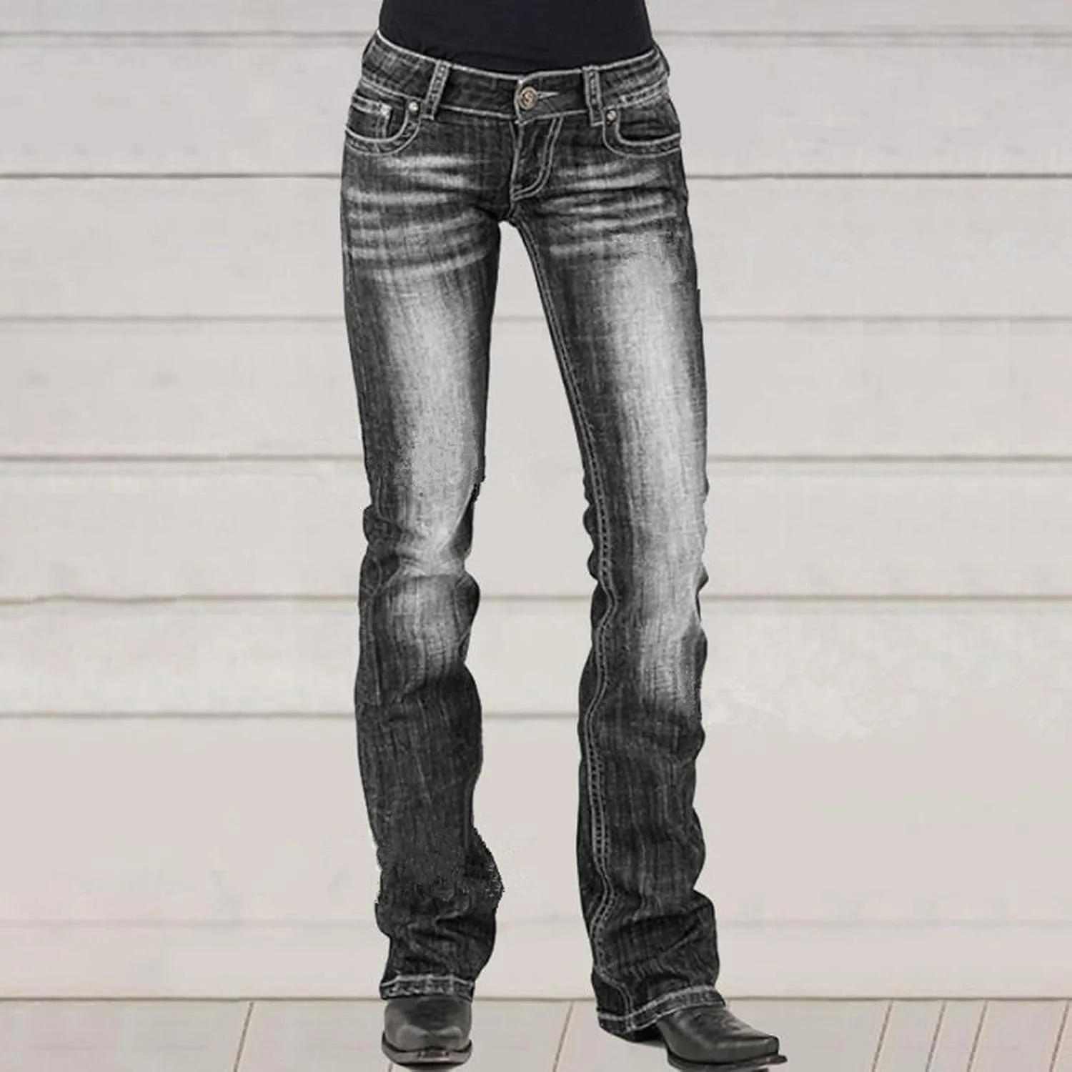 Женские джинсы Mid Waisted с вышивкой Stretch Button Straight — фото 2