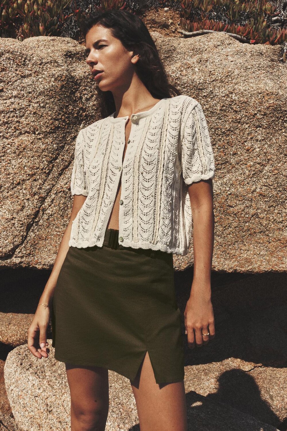 

Вязаный романтический топ с кружевом и искусственным жемчугом ZARA, экрю