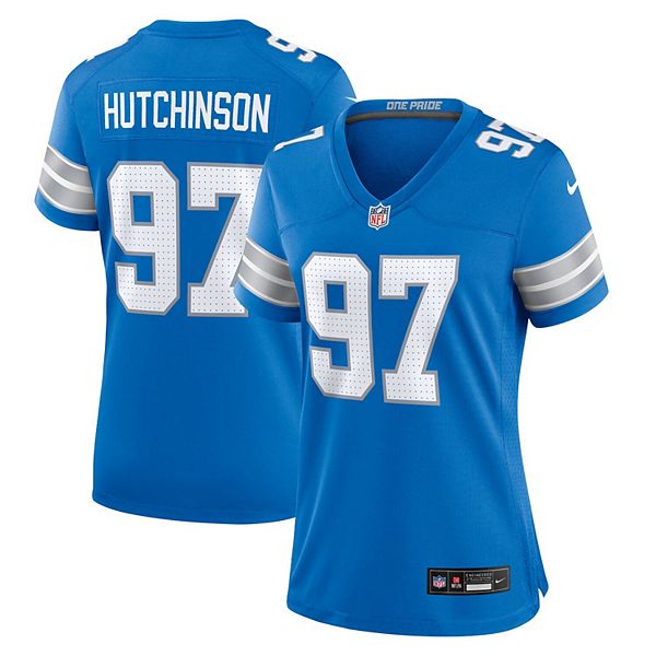 

Женская игровая футболка Aidan Hutchinson Detroit Lions синяя Nike, Синий, Женская игровая футболка Aidan Hutchinson Detroit Lions синяя Nike