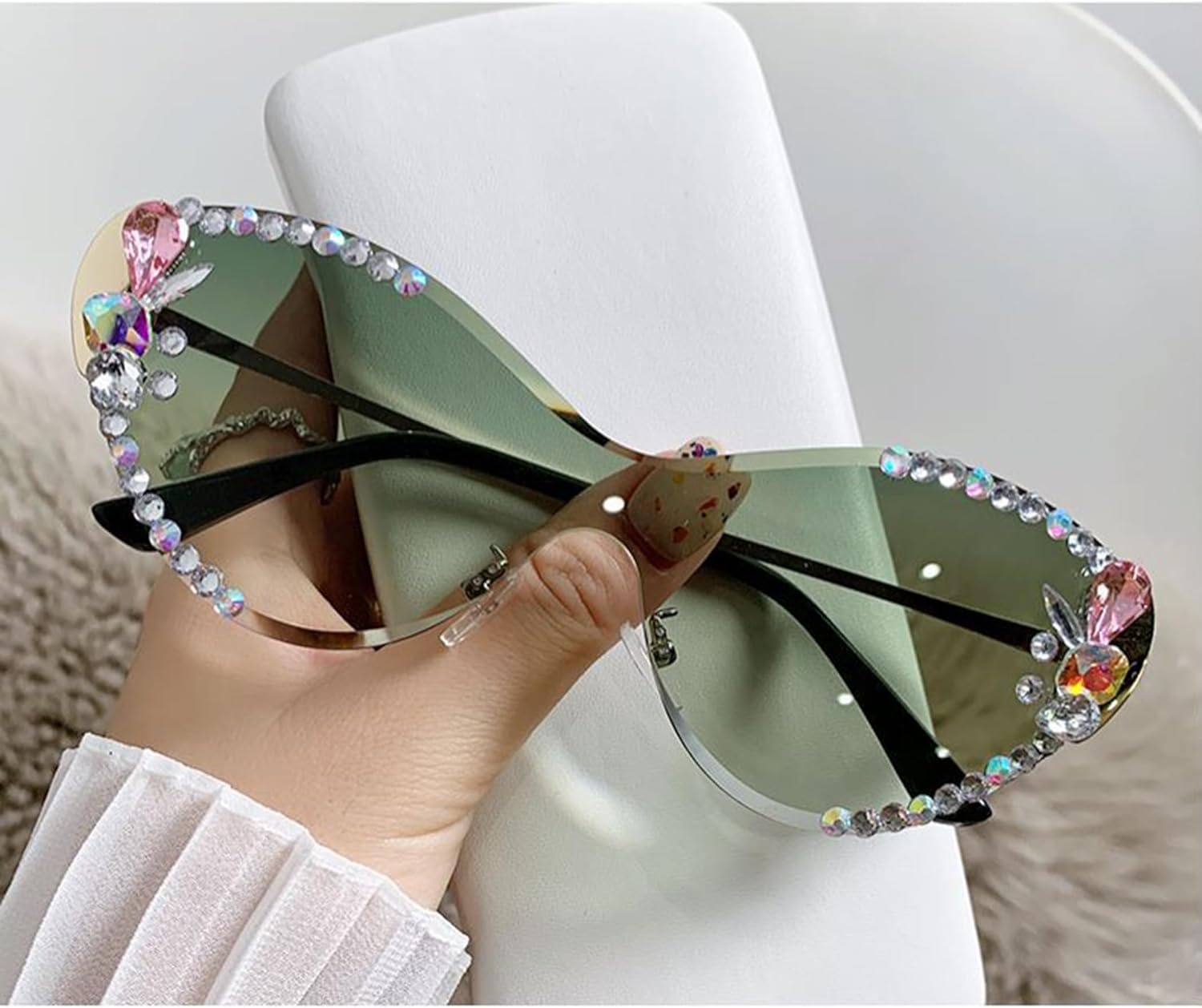 

Женские солнцезащитные очки «Кошачий глаз» с кристаллами, цельные солнцезащитные очки без оправы со стразами, женские бриллиантовые очки для вечеринок bullabulling, Green