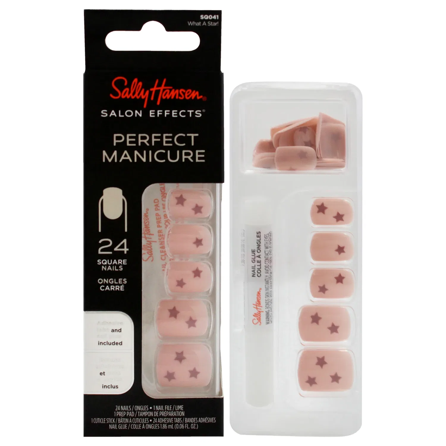 Набор квадратных ногтей Salon Effects Perfect Manicure Square Nails - SQ041 What A Start! от Sally Hansen для женщин - 52 шт, 24 ногтя, 24 клейкие полоски, пилочка для ногтей, подушечка для подготовки ногтей, клей для ногтей 0,06 унции, розовый