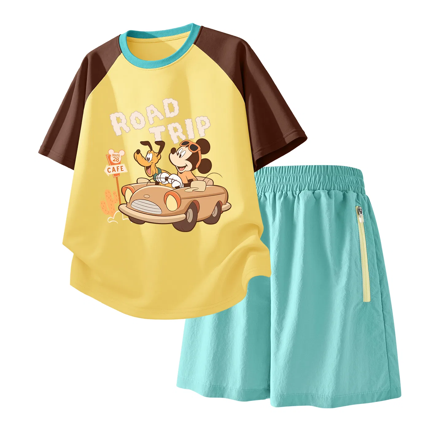 Детский спортивный костюм Casual Sportswear 2 Piece Set Disney, Di Happy Brown Yellow+Solid Color Mint Green