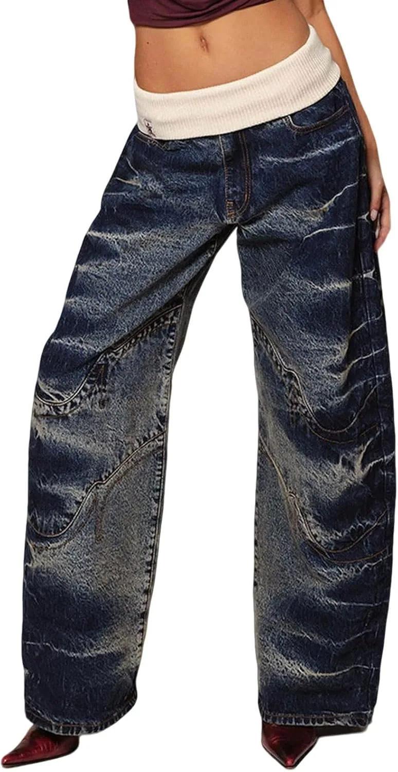 

Женские джинсы loveimgs с эластичным поясом и широкими штанинами