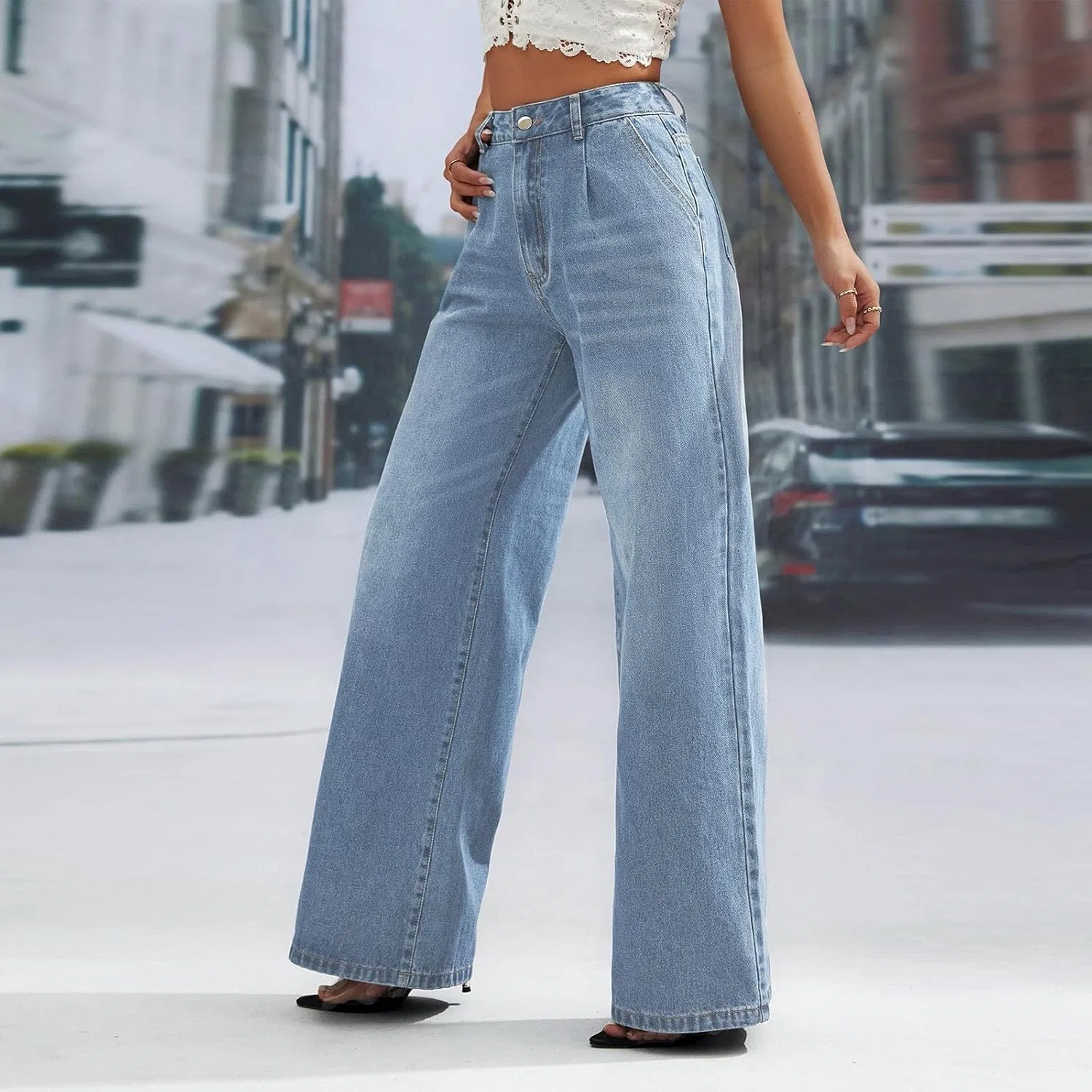 Джинсы с завышенной талией, клеш, Denim, голубой — фото 3
