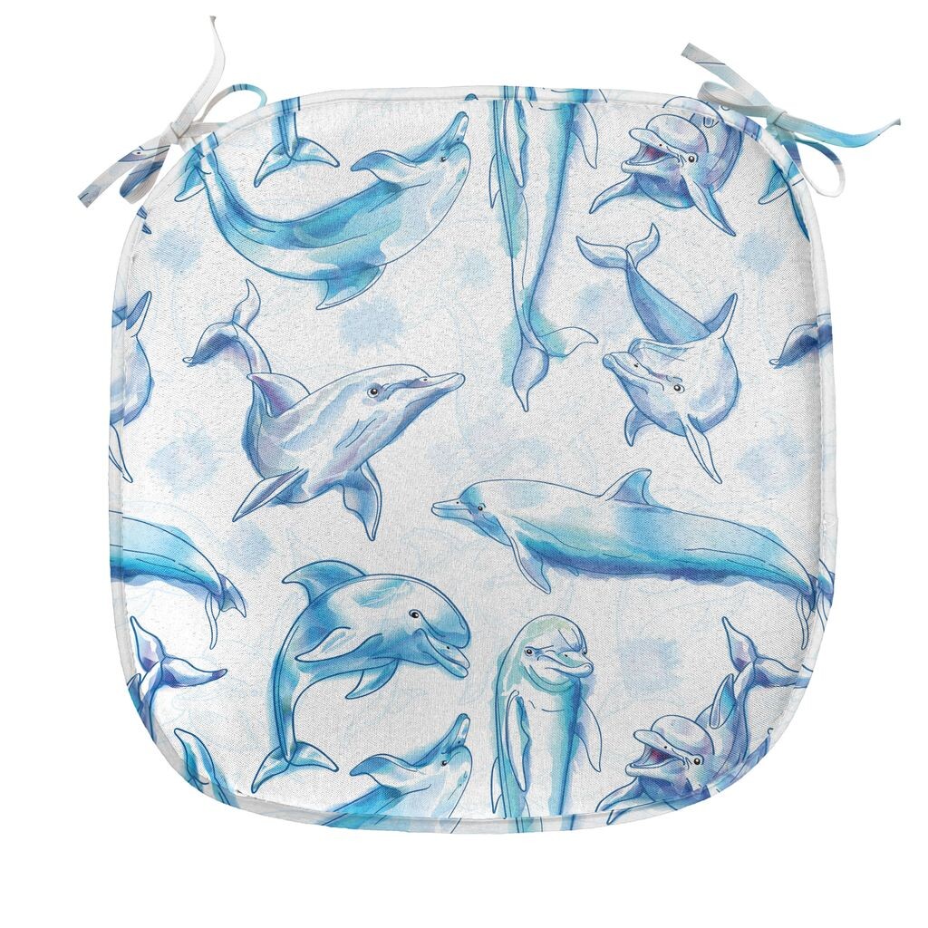 

Подушка ABAKUHAUS Sea Creatures для стульев для столовой, эскиз дельфинов, декоративная водонепроницаемая подушка с ремнями для кухонных сидений, 40 см x 40 см, бирюзово-белый