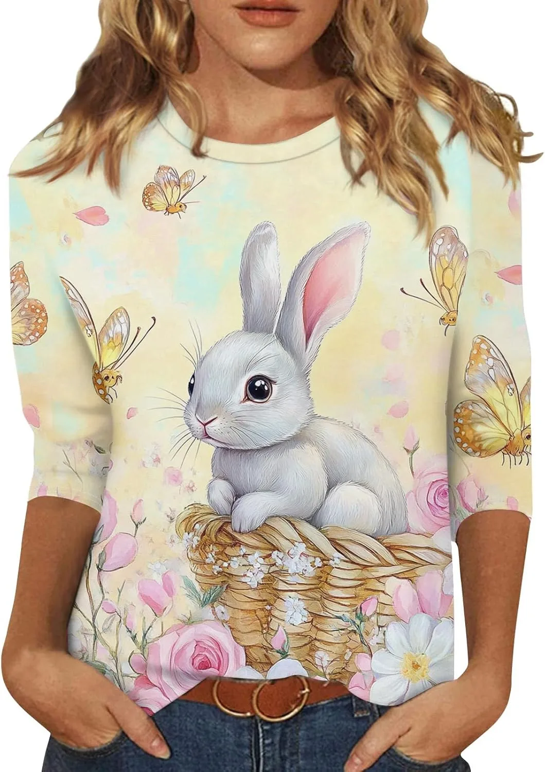 

Женская футболка с принтом кролика и яйца на Пасху, 3/4 рукава AMXYFBK