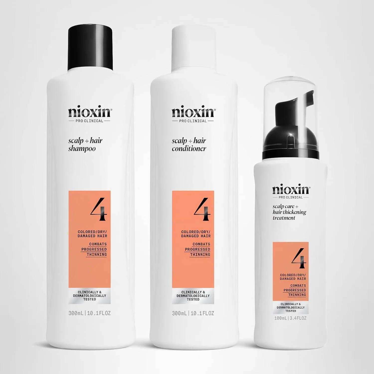 Набор Nioxin Scalp + Hair Thickening System 4 для окрашенных, сухих и поврежденных волос с прогрессирующим истончением: очищение, кондиционирование, уход и укрепляющая маска Density Defend Anti-Breakage, Orange — фото 2
