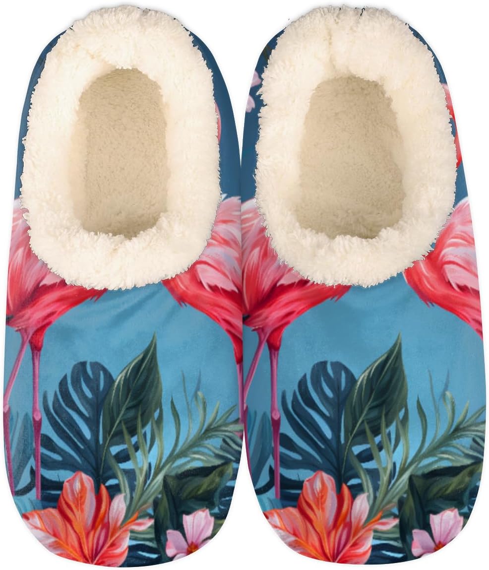 

Мягкие домашние тапочки для женщин и мужчин, с флисовой подкладкой и противоскользящим покрытием в виде фламинго, домашние тапочки для спальни с плюшевой подкладкой, теплые тапочки с пальмовыми листьями и изображением фламинго Pardick, мультикол...
