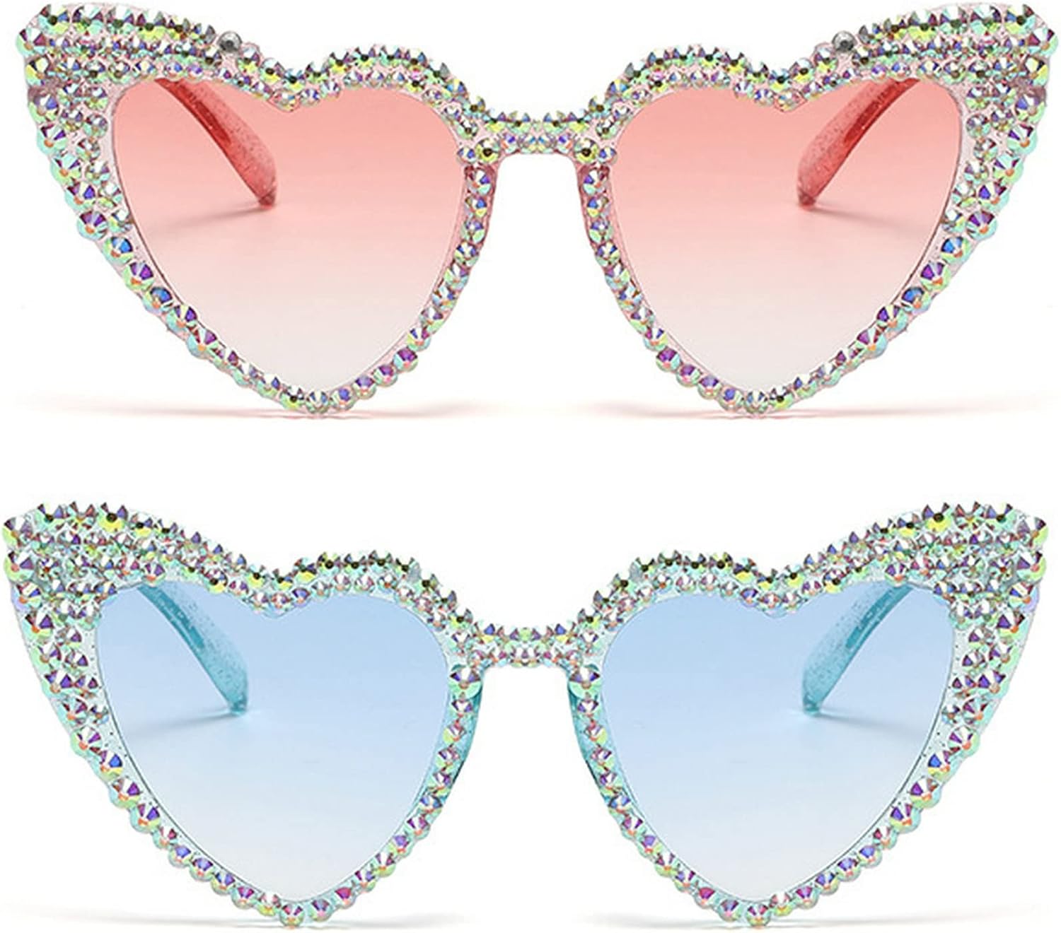 

Милые женские солнцезащитные очки в форме сердца, модные, блестящие, с бриллиантами, многоугольные, с розовыми стразами, с защитой от УФ-излучения mincl, 2pcs-blue&pink