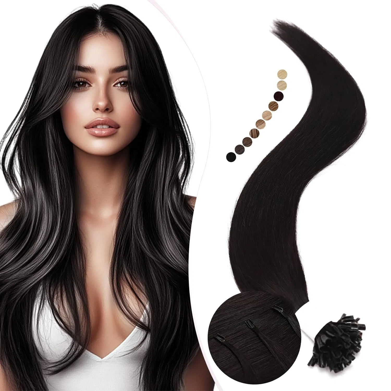 Накладные волосы Elailite Real Hair Extensions Bondings U-tip, кератиновые, прямые, 25 прядей, 25 г, 55 см, черные Elailite, #1B Natural Black