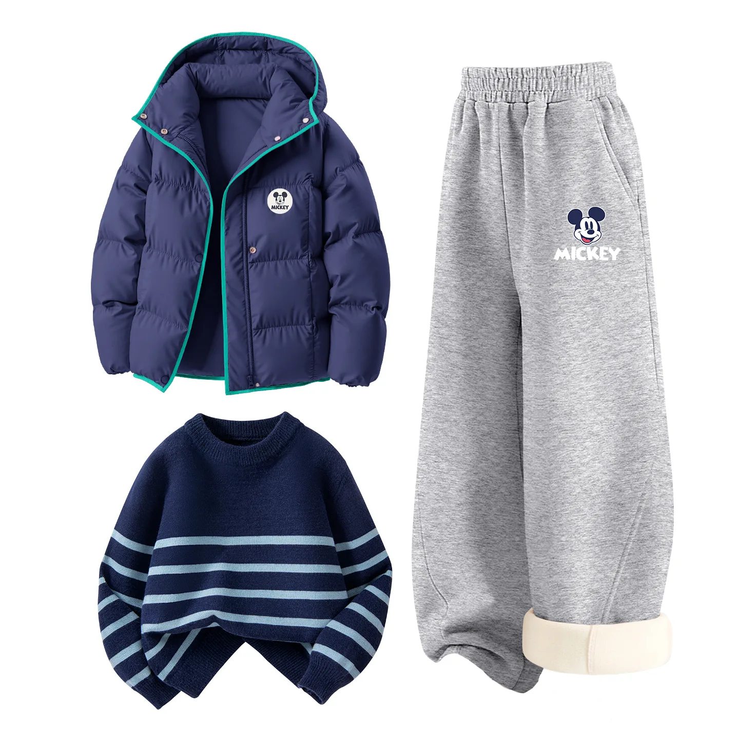 Детский спортивный костюм с круглым вырезом Disney, [Thickened and Fleece-Lined]Dichi Round Hook-and-Loop K Navy Blue+DiB Trendy Mickey K Heather Gray+Solid Color Navy Blue