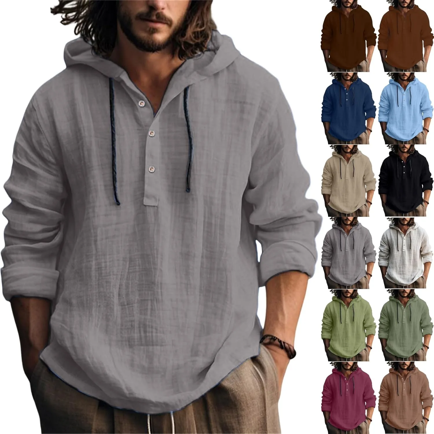 

Мужская льняная рубашка с капюшоном, летняя, на четверти пуговиц tobchonp