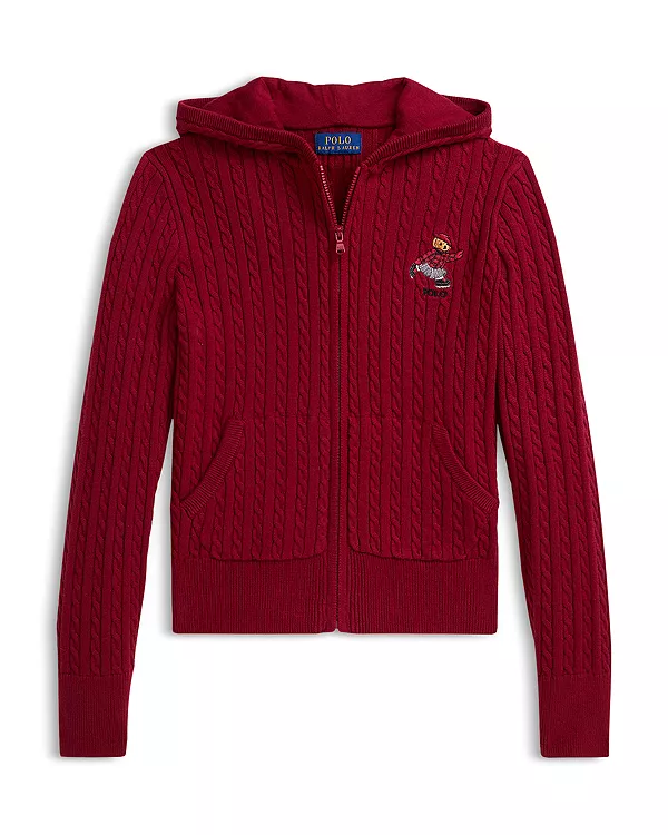 

Хлопковый свитер-поло с изображением медведя для девочек, на молнии, для детей постарше. Ralph Lauren, красный