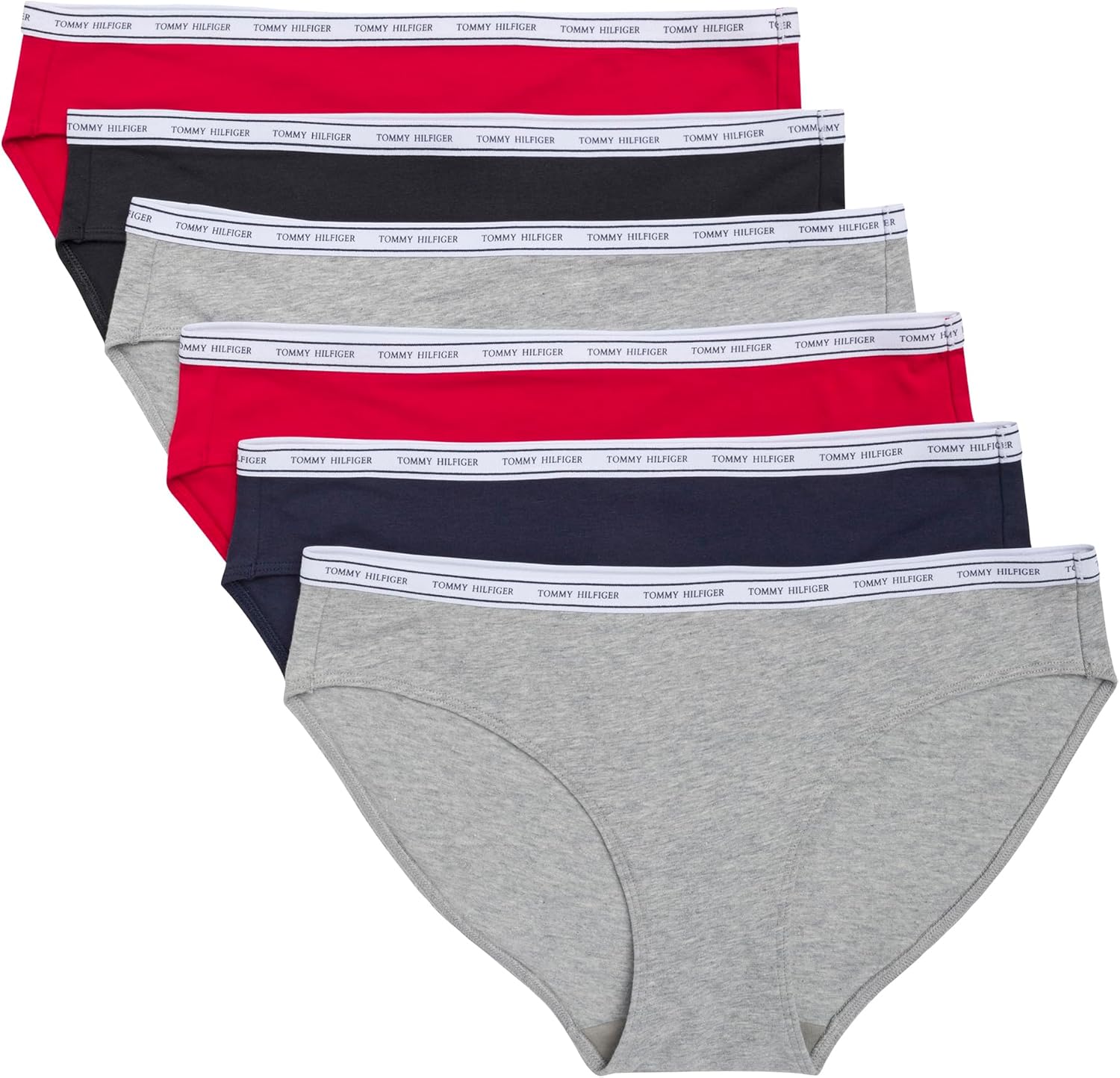 

Женские хлопковые трусики-бикини Tommy Hilfiger, 6 шт., Heather Grey/Navy /Red /Black