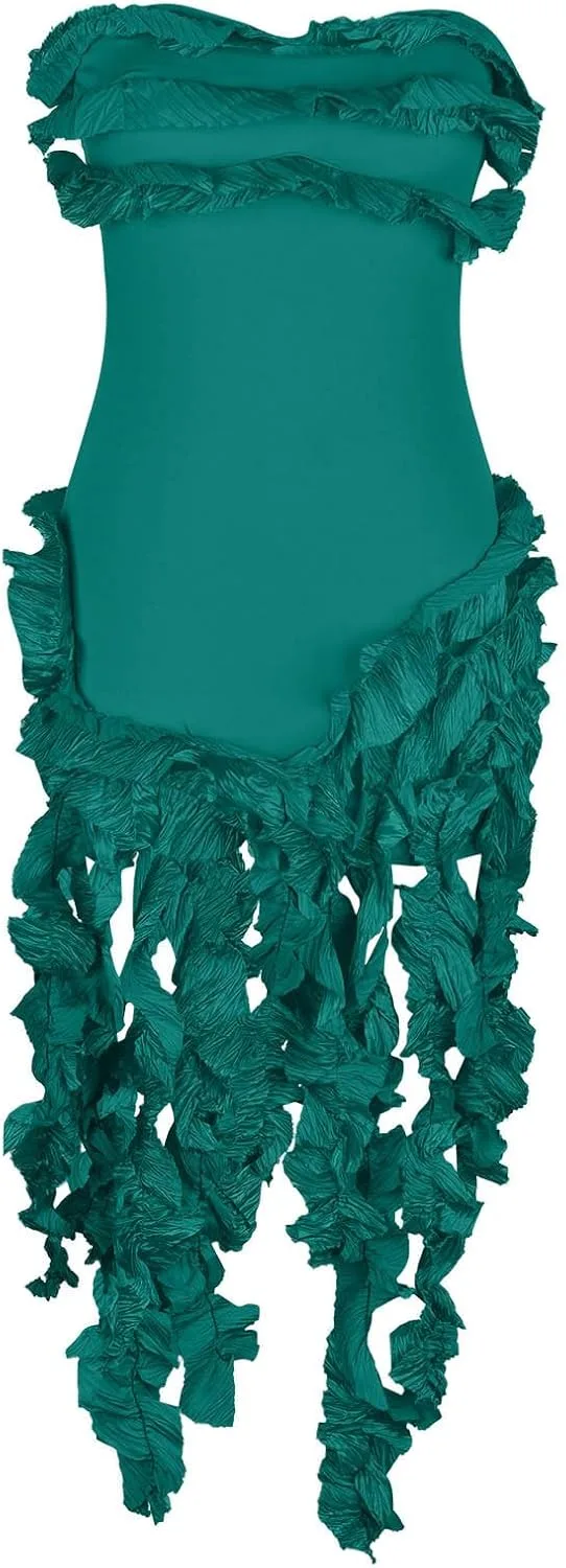 Платье для женщин Ruffle Tassel, без рукавов, облегающее, силуэтное, однотонное, для коктейльной вечеринки или вечера Generic, зеленый — фото 4