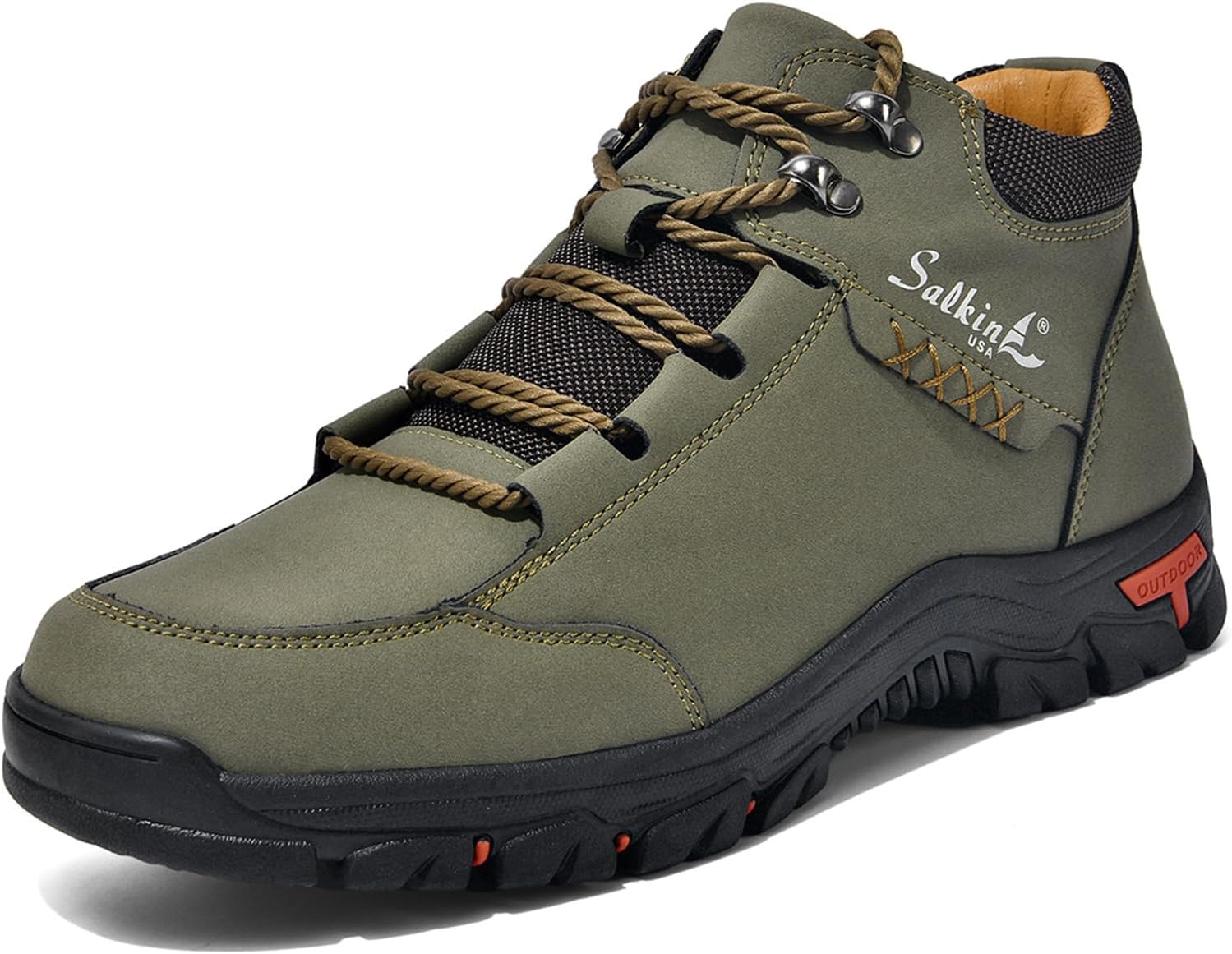 

Мужские высокие ботинки для походов из натуральной кожи с шнуровкой, низкий каблук, уличные, не скользящие, дышащая стелька с амортизацией, прочная конструкция для прогулок на природе, походов, кемпинга и повседневного использования Houdbdol, зе...