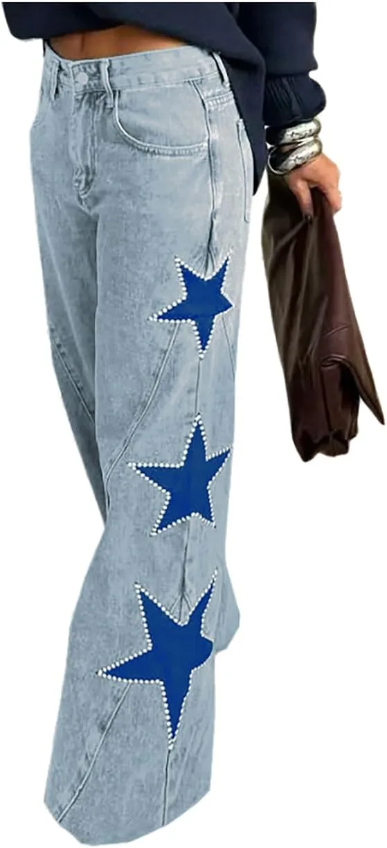 

Женские джинсы Star Patchwork прямого кроя Mid Rise с перламутровыми бусинами и потертостями