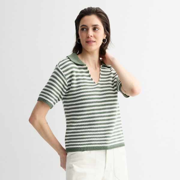 

Женский свитер с короткими рукавами и воротником Sonoma Goods For Life, цвет white olive stripe