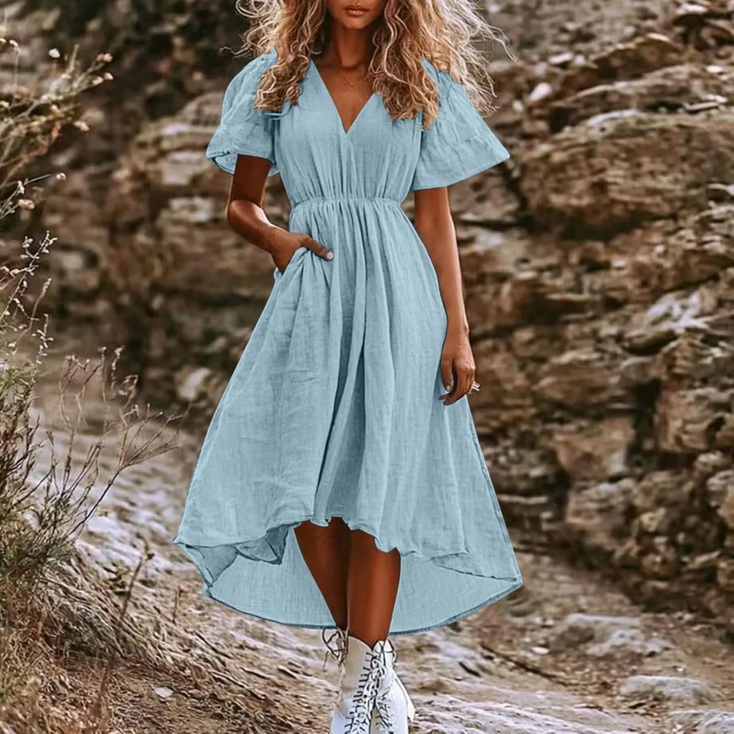 Платье-миди для женщин Plus Size из хлопка и льна с V-образным вырезом и коротким рукавом, асимметричное, пляжное, элегантное, длинное, струящееся, летнее Generic, светло-голубой — фото 2