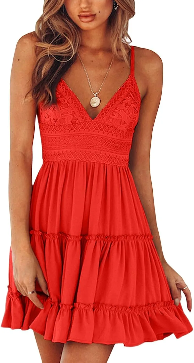 Короткие летние платья для женщин 2025 года: мини-платье на бретелях, V-образный вырез, кружево, бант, открытая спина, многослойные оборки, сарафан Generic, красный