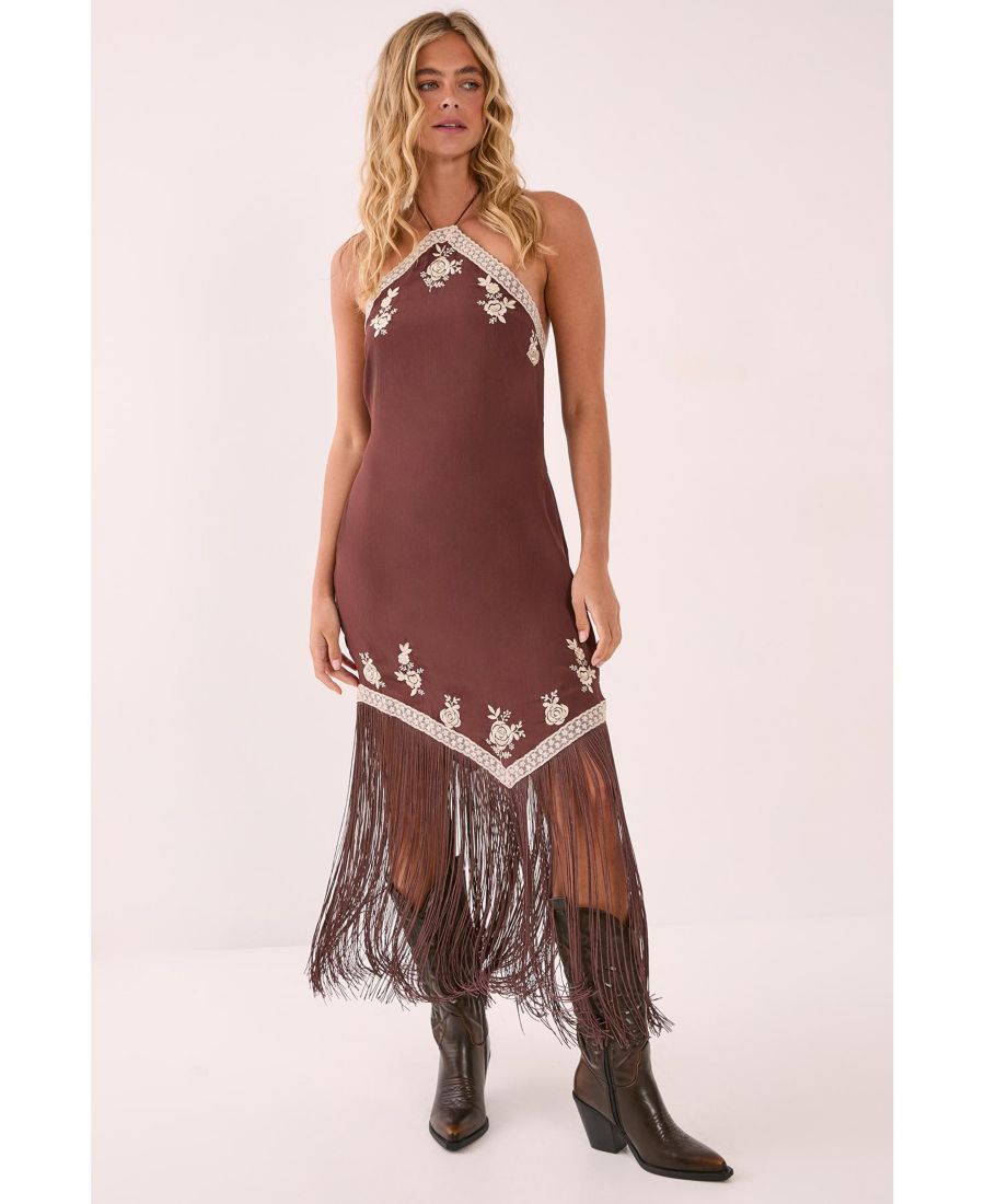 

Женское мини-платье с воротником-халтером и бахромой Nasty Gal, Chocolate