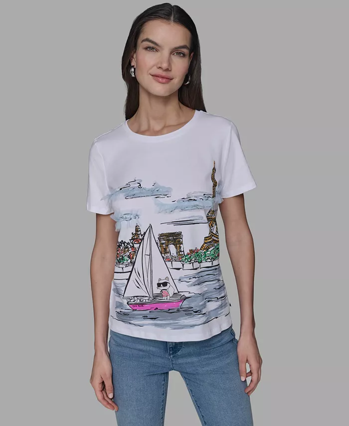 

Футболка с круглым вырезом Petite Sailing Choupette KARL LAGERFELD PARIS, белый