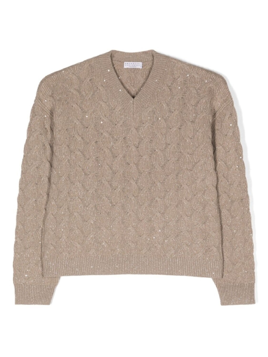 

Детский джемпер Brunello Cucinelli Kids, отделанный пайетками, с косичной вязкой, серый