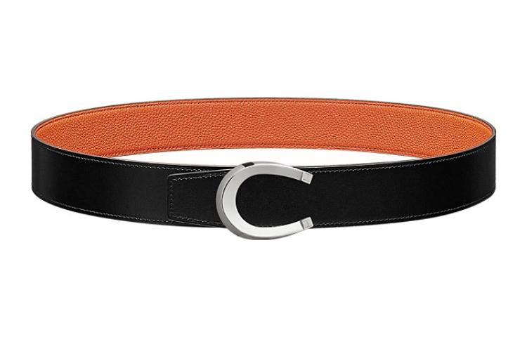 HERMES Двусторонний кожаный ремень из телячьей кожи для мужчин черный оранжевый ширина 3,8 см, Black/Orange — фото 2