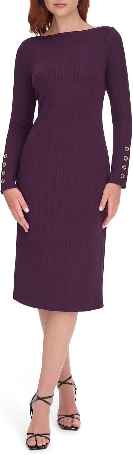 

Женское полосатое трикотажное платье Tommy Hilfiger с фактурным трикотажным полотном и длинным рукавом на 4 пуговицах, Aubergine