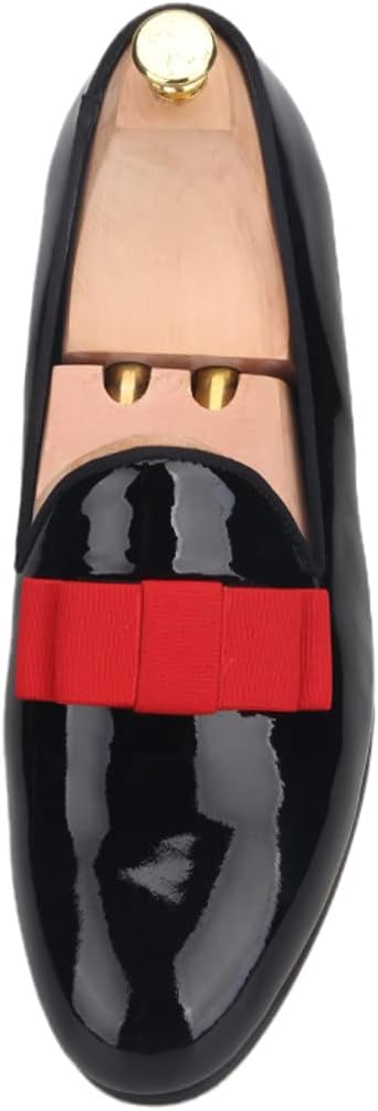 

Мужские слипоны FERUCCI из черной лакированной кожи с красным бантом, для выпускного и свадьбы