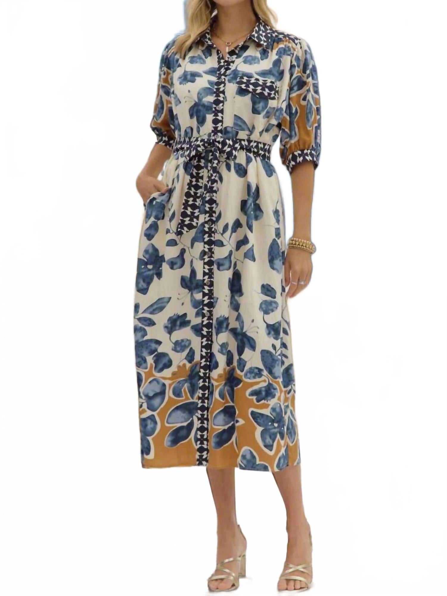 

Платье-рубашка миди с ботаническим принтом и завязкой на талии, цвет сланцево-голубой Entro, сланцево-синий