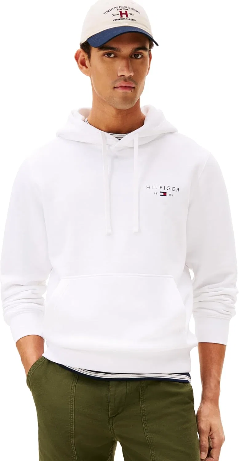 Худи мужское с вышитым флагом и шнурком Tommy Hilfiger, белый