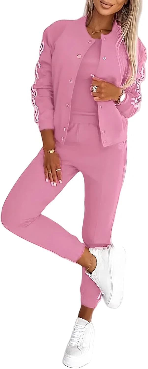 Женский спортивный костюм из 3 предметов: куртка-бомбер, топ и брюки, Pink