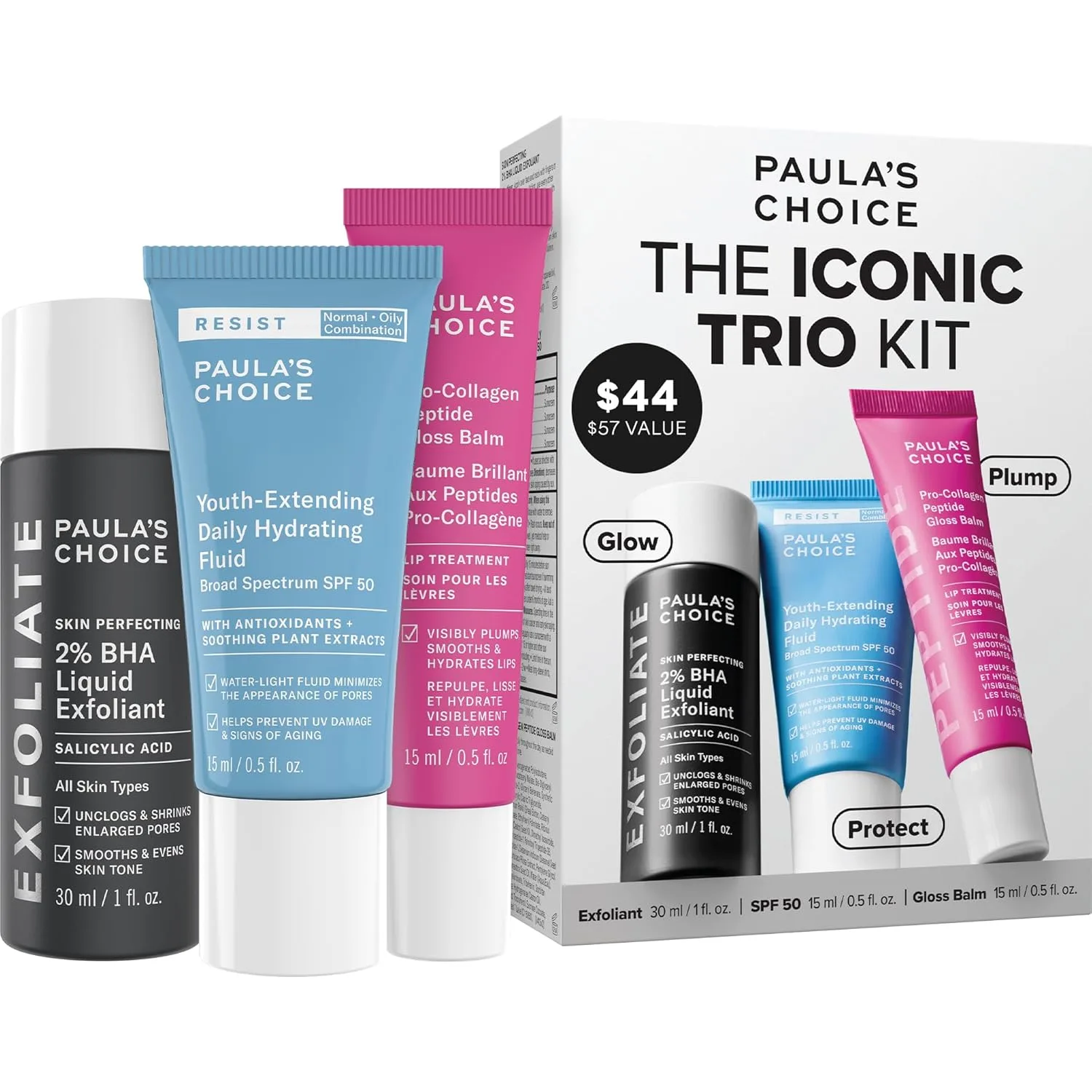 Paula’s Choice The Iconic Trio Kit, Travel 2% BHA Liquid Exfoliant, Travel SPF 50 Moisturizer, Full Sized Peptide Gloss Balm, набор для сияния и ухода за губами Paula'S Choice