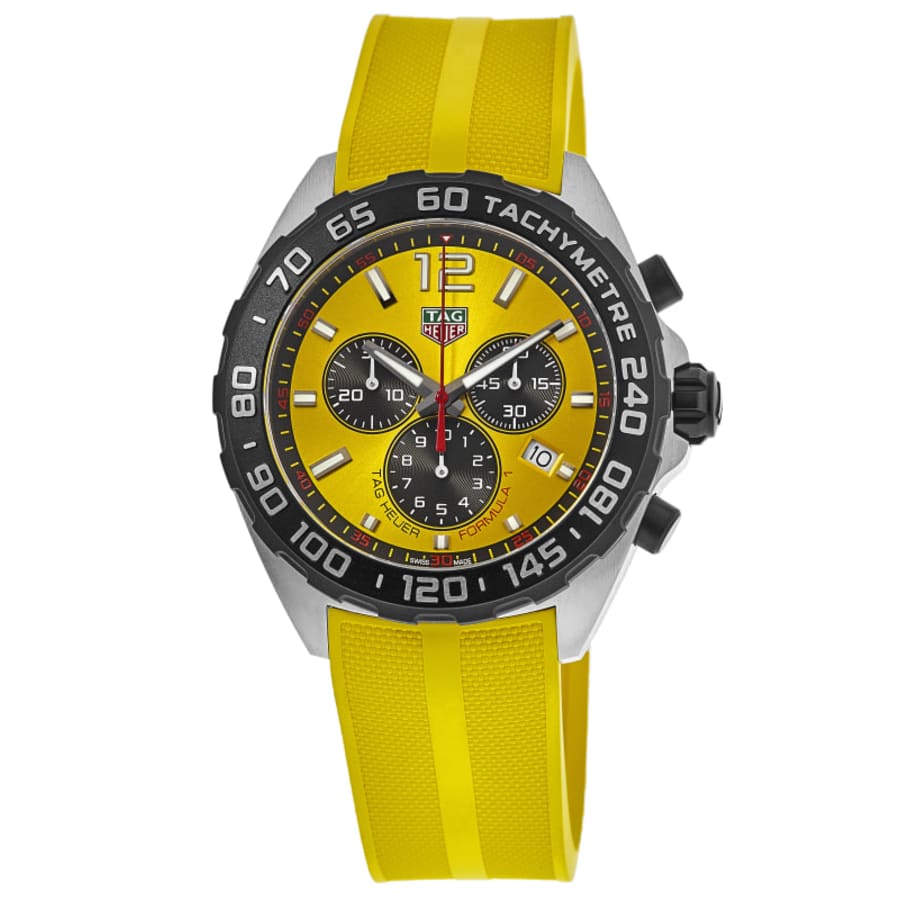 

Мужские часы Tag Heuer Formula 1 Quartz Chronograph с желтым циферблатом и резиновым ремешком