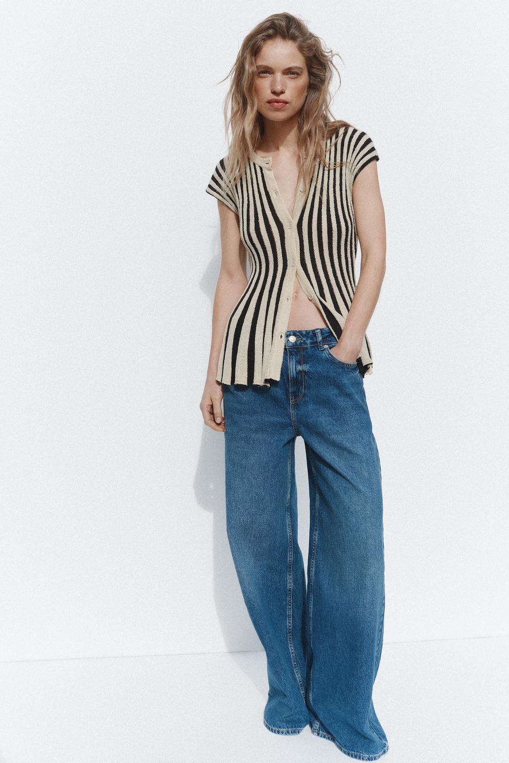 

Укороченный трикотажный топ в полоску ZARA, цвет Ecru/Black