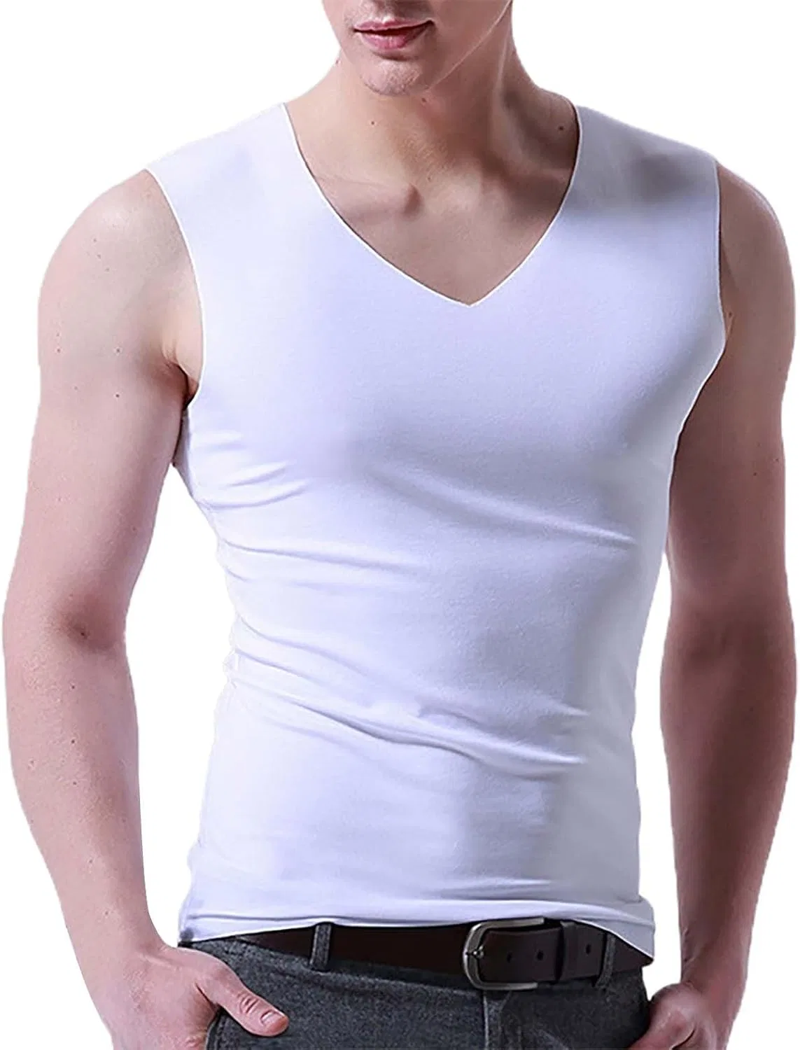 Мужская майка-компрессионная V-образным вырезом, хлопок, White