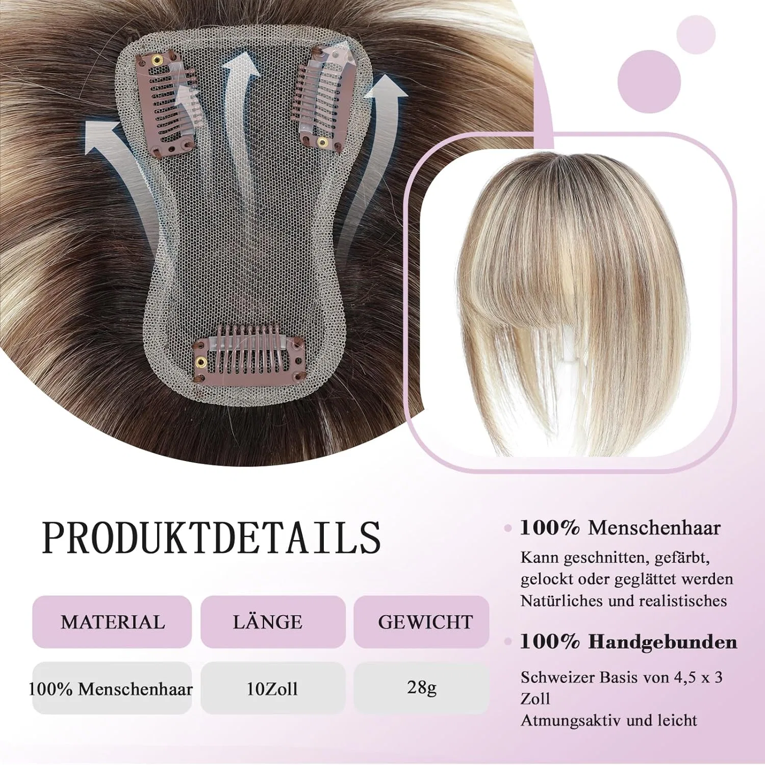 Женский накладной шиньон из натуральных волос с челкой Sea Singing, Ombre Light Brown With Blonde Highlight — фото 2