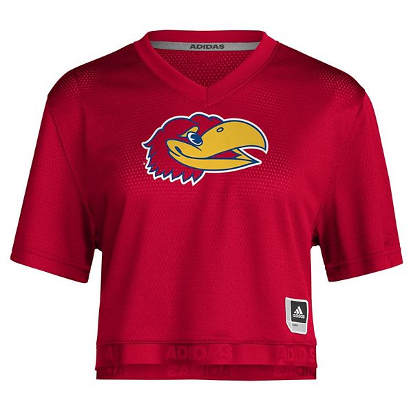 Женская красная футболка Kansas Jayhawks Primegreen с V-образным вырезом Adidas — фото 3