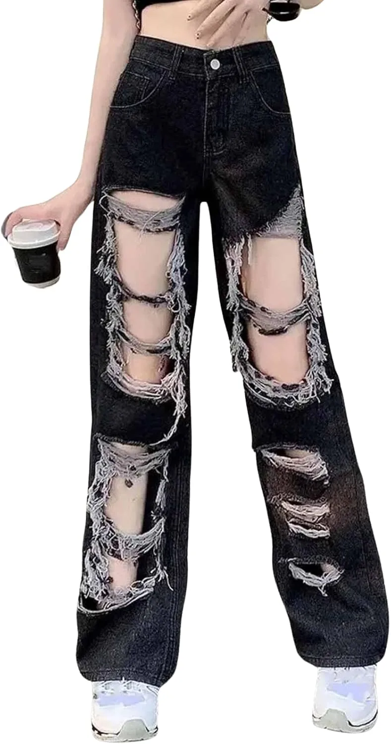 

Джинсы Broken Hole All-Match distressed, женские, высокие, прямые Tinpia