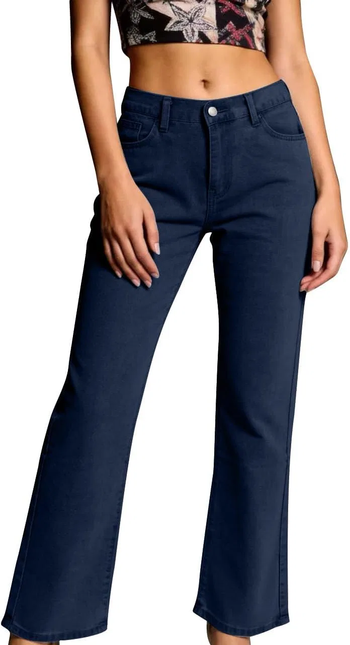 Джинсы прямые широкие Women's Straight Wide Leg Jeans Plus Size Mid-Waist Button Stretchy Denim Pants Casual Baggy Jean Pant with Pockets, темно-синие