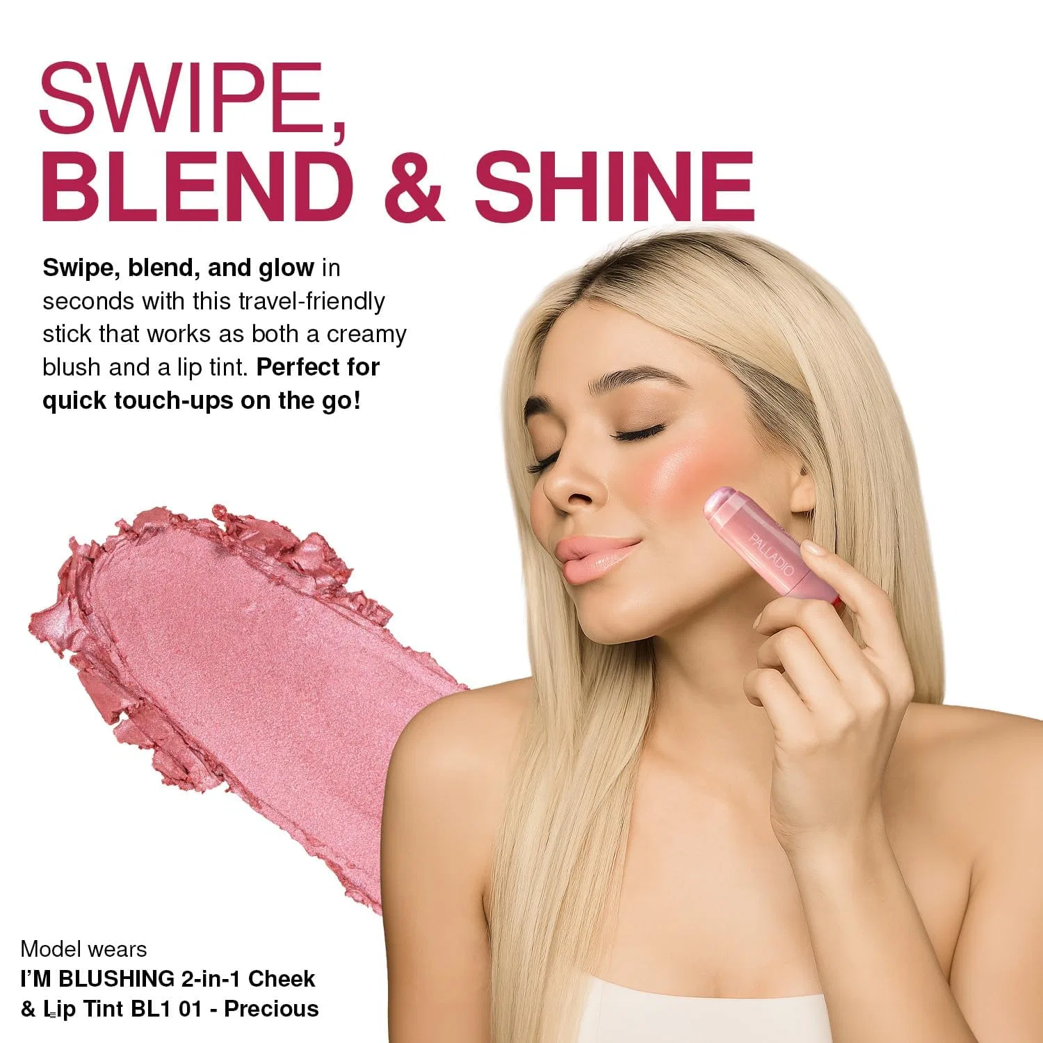Крем для лица Palladio — Кремовые румяна-стик I'm Blushing -в-1 для щек и губ , New Pink — фото 4