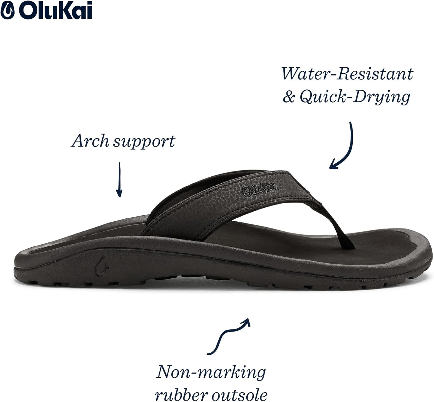Мужские пляжные сандалии OLUKAI Ohana, водонепроницаемые шлепанцы, поддержка свода стопы и комфортная посадка, легкие и прочные, улучшенное сцепление и устойчивость, черный — фото 4