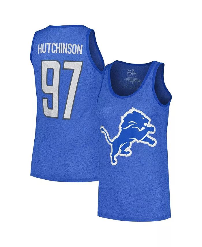 

Женская майка-топ Aidan Hutchinson Heather Blue Detroit Lions с именем и номером Tri-Blend Majestic